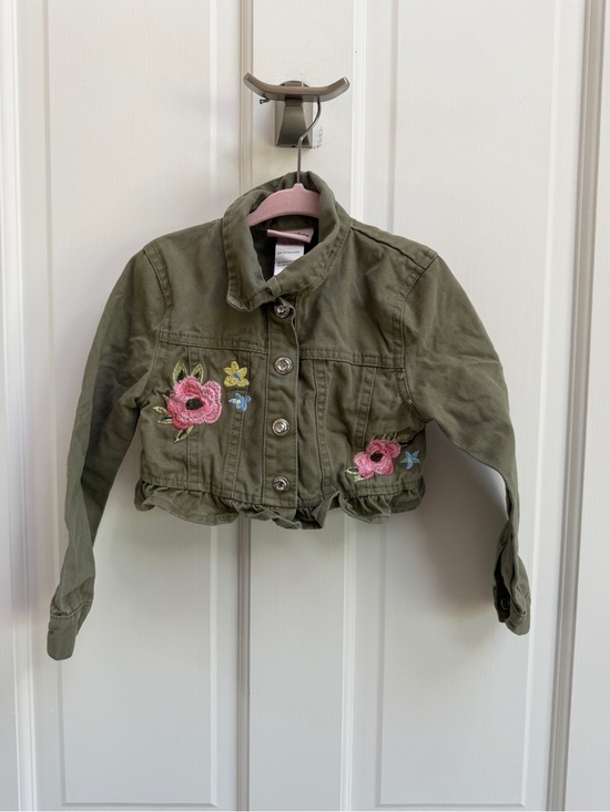 Little Lass Other - Little Lass Girls 5 Olive Green Embroidered Crop Jean Jacket with Flowers